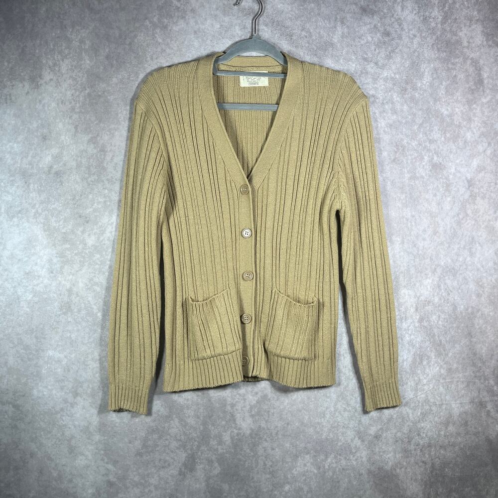 Vintage Sears‎ Cardigan Sweater Womens Large Tan Rib Knit Button Academia Geek